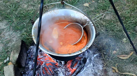 Fish stew in kettle on firewoods Stock Footage 35899685