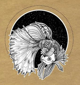 Fish in the style of doodle illustrations. Linear ink drawing for anti-stress Stock Illustration