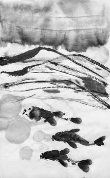 Fish at the surface of the water. Ecosystem. Sumi-e. Stock Illustration
