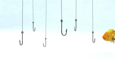 Fish swimming between fishing hooks, 3d animation Stock Footage