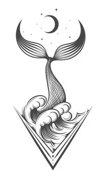 Fish Tail Splash Out of Ocean Waves Esoteric Tattoo Stock Illustration