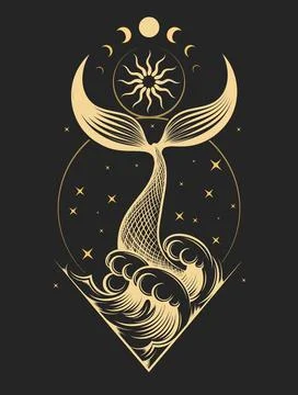 Fish Tail Splash Out of Ocean Waves and Moon Magic Esoteric Illustration Stock Illustration