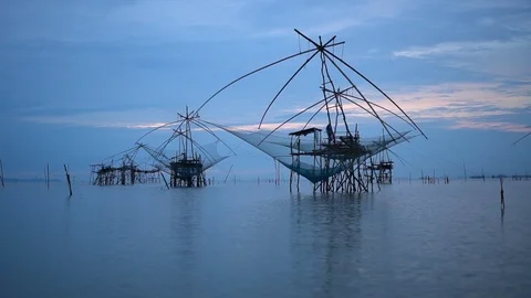 Fish trap in lake Stock Footage 126230730