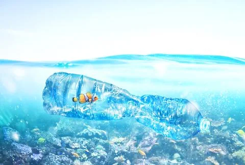 Fish trapped inside a bottle. Problem of plastic pollution under the sea co.. Stock Photos