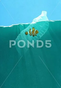 Fish trapped in plastic water bottle in ocean Stock Illustration