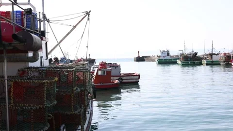 Fish Traps On Boat Docked In Small Harbor Sunny Day Vídeo Stock 230934891