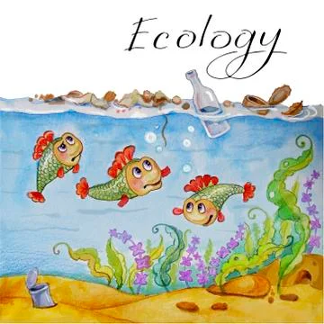 Fish under water. Environmental problems for children. Illustrazione stock