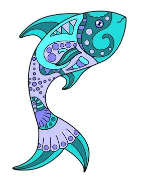 Fish - vector linear full color zentangle illustration - with sea animal. Stock Illustration