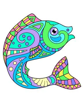 Fish - vector linear full color zentangle picture - with sea animal living Stock Illustration