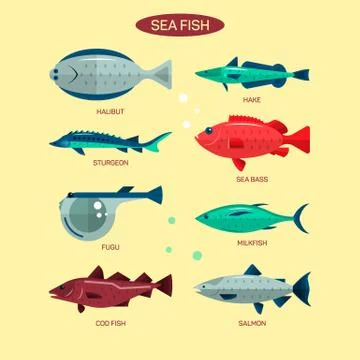 Fish vector set in flat style design. Ocean, sea and river fishes icons Stock Illustration