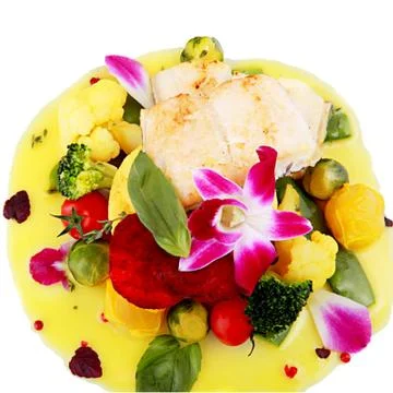 Fish with vegetables decorated with flower isolate Stock Photos