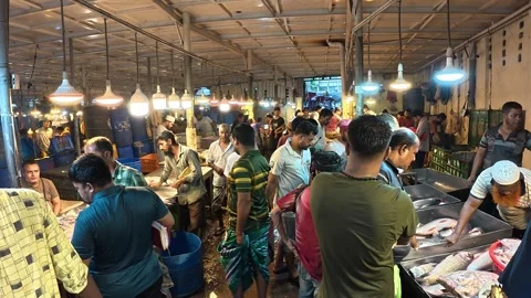 Fish Vendors Selling Fresh Fish to Crowded Shoppers at Kawran Bazar Vidéo 343142976