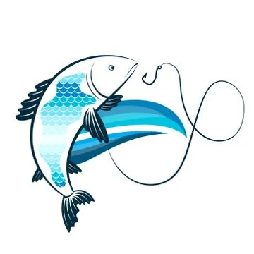 Fish on the wave and a fishhook Stock Illustration