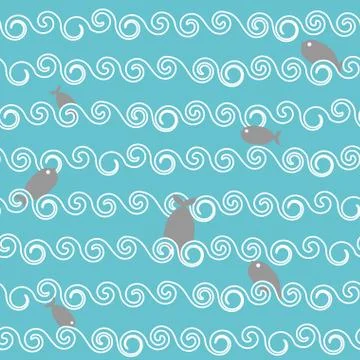 Fish waves seamless pattern. Sea dwellers dive in sea. Ocean with fish. Storm Stock Illustration
