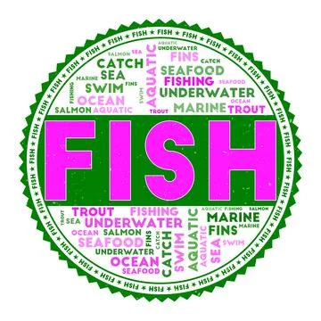 FISH word image. Fish concept with word clouds and round text. Nice colors .. Stock Illustration