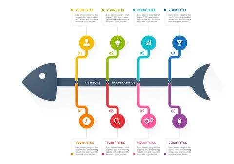 Fishbone Infographic Timeline Diagram Template Background with Eight Step B.. Stock Illustration