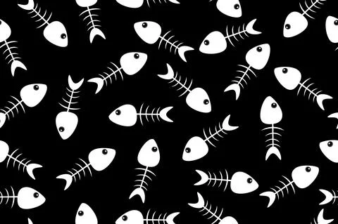 Fishbone seamless pattern isolated on black background. Stock Illustration