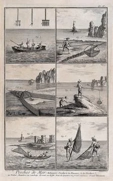 Fisher-folk and their methods of working close to the shore. Engraving, c.1.. Stock Illustration