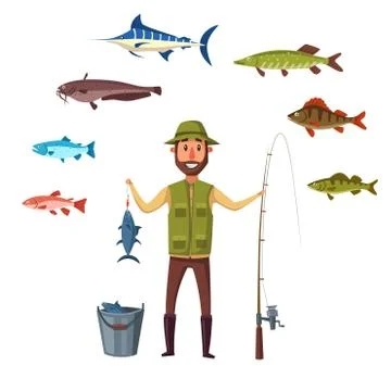 Fisher man, fish catch of isolated vector fishes Stock Illustration
