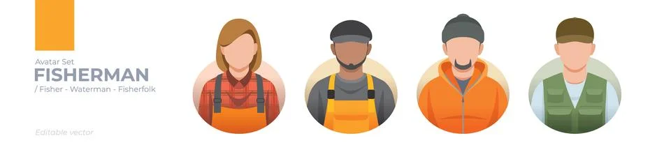 Fisherman Avatar Set: Editable Vector Graphics of Diverse Fisherfolk in Col.. Stock Illustration