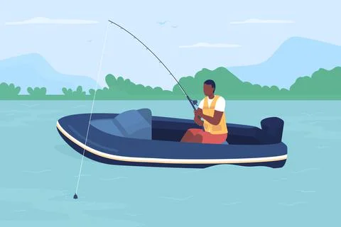 Fisherman in boat flat color vector illustration Stock Illustration