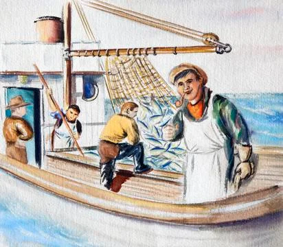 Fisherman on the boat Stock Illustration