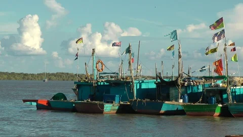 Fisherman Boats with flags of different countries/state Stock Footage 106110549