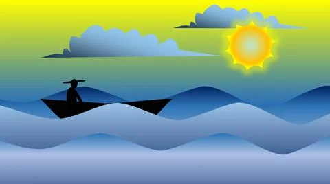 A fisherman with a canoe is wading through the rough sea during the day Stock Illustration