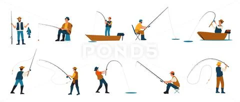 Fisherman. Cartoon people fishing. Characters catching fish with rods  while: Graphic #150741217