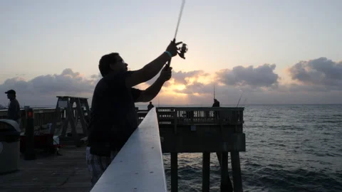 Fisherman Casting Off Deerfield Beach Pier Sunrise Stock Footage 200846906