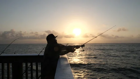 Fisherman Casting Off Deerfield Beach Pier Sunrise Stock Footage 200847816