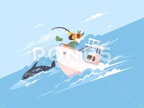 Fisherman catches tuna from yacht Stock Illustration