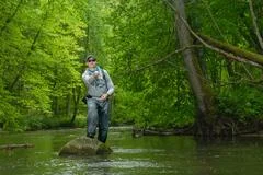 A male fisherman threw a spinning rod into a lake or river on a