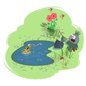 The fisherman caught a thick spotted toad. Fishing at the pond. Vector illust Stock Illustration