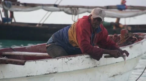 A fisherman cleans a fish while sitting in a boat. Tanzania Stock Footage 55929948