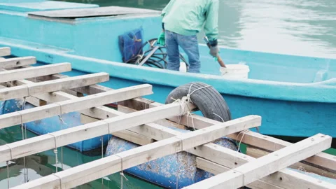 Fisherman climbs into the boat. Stock Footage 305369153