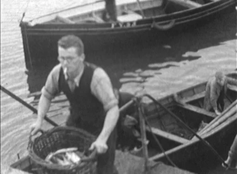 Fisherman at Cornish Coves,  Cornwall UK, 1935 Video stock 156729371