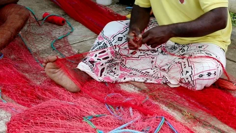 Fisherman fixing the nets, Sri Lanka. Stock Footage 89684124