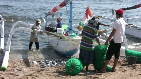 Fisherman getting the catch of the day out of his jukung Stock-Footage 36108220