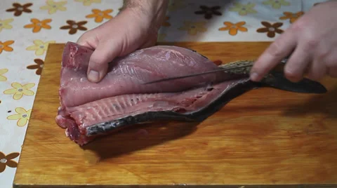 Fisherman hands with knife making carp fillet Stock Footage 36005501
