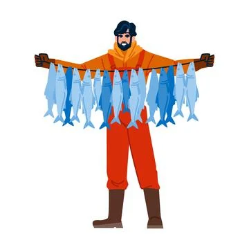 Fisherman holding string of freshly caught fish Stock Illustration