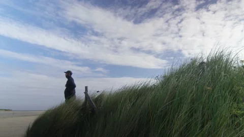 A fisherman looking at the ocean on a dune with high grass, in Brittany, France Stock Footage 229791857
