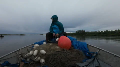 Fisherman navigating a boat with a net on an alaskan river Stock Footage 328353733