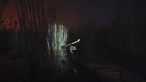 Fisherman navigating a swamp at night with a flashlight Stock Footage 330565934