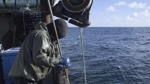 Fisherman operating winch and unloading an empty fishing net, USA Stock Footage 138891428