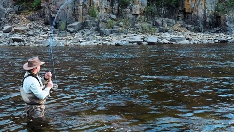 Fisherman pulls a huge trout 1 Stock Footage 80281043