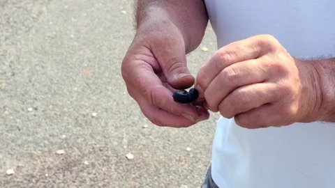 Fisherman puts bait onto a hook Stock Footage 115832725