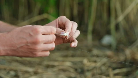 A fisherman puts bait on a hook, semolina Vídeo Stock 280563845