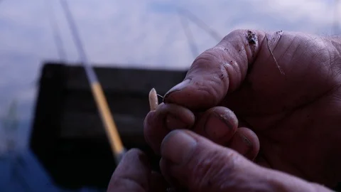 Fisherman puts a worm on a hook Stock Footage 113742803