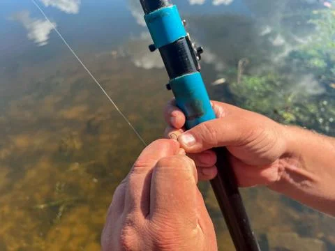 Fisherman putting bait on hook while fishing in river Stock Photos